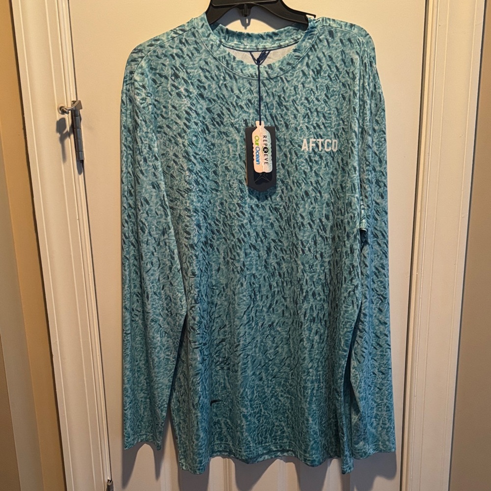 AFTCO Men's Teal Patterned Long Sleeve Tee XL
